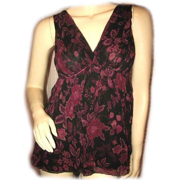 Vintage Y2K Express V-Neck Babydoll Top S Floral Red Burgundy Black Preppy Chic - Picture 1 of 8